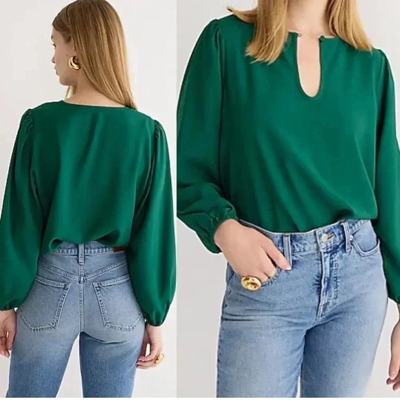 J. Crew Puff sleeve satin back crepe top in Jade Green Size Small Tall NWT - Picture 1 of 9